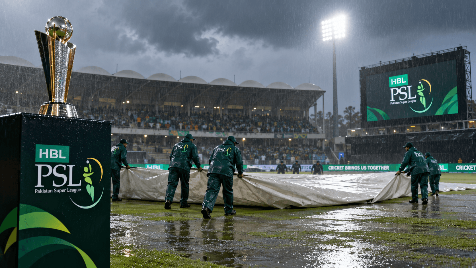 PSL match abandoned due to rain as ground staff cover the cricket pitch during heavy rainfall.
