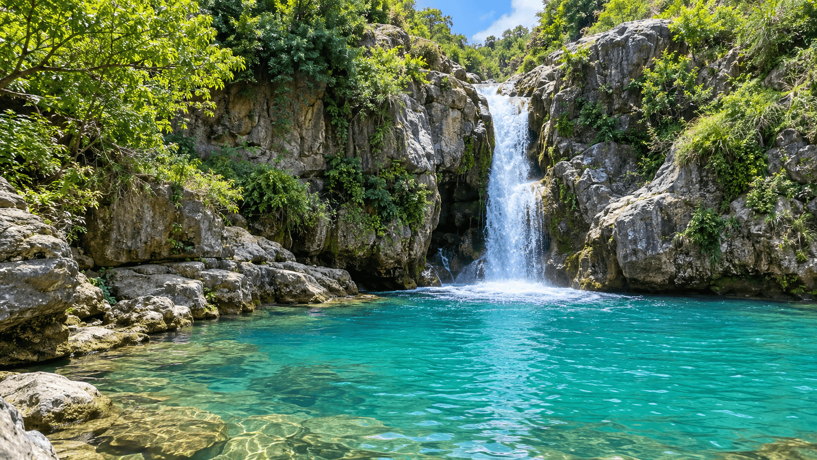Neela Sandh Waterfall near Islamabad with blue water pools, rocky hills, and surrounding greenery.