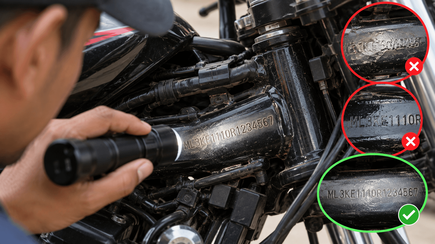 Tampered chassis number inspection on a used motorcycle frame to identify altered digits and suspicious markings.
