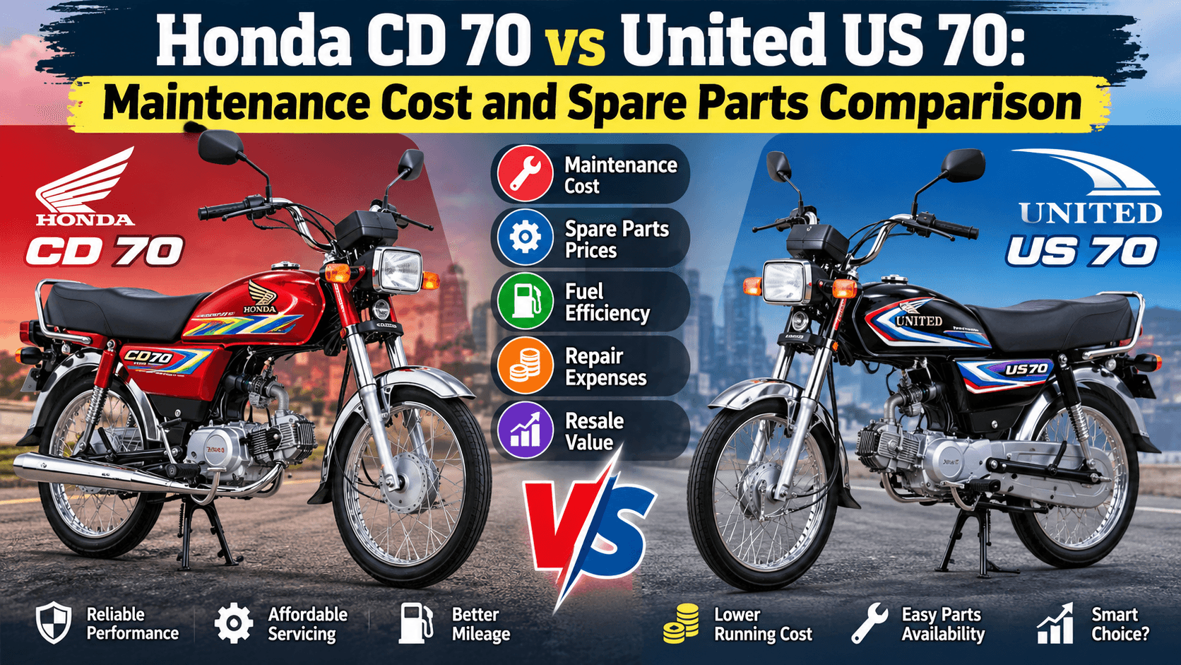 Honda CD 70 vs United US 70 maintenance cost and spare parts comparison in Pakistan