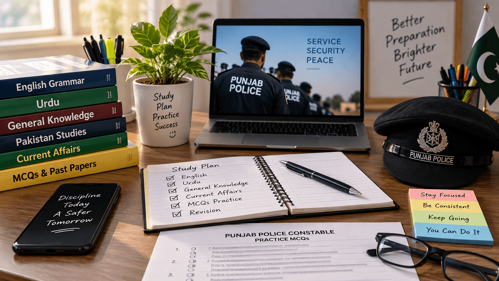 Punjab Police Constable Written Test preparation at home with study books, practice questions, and a daily study timetable.