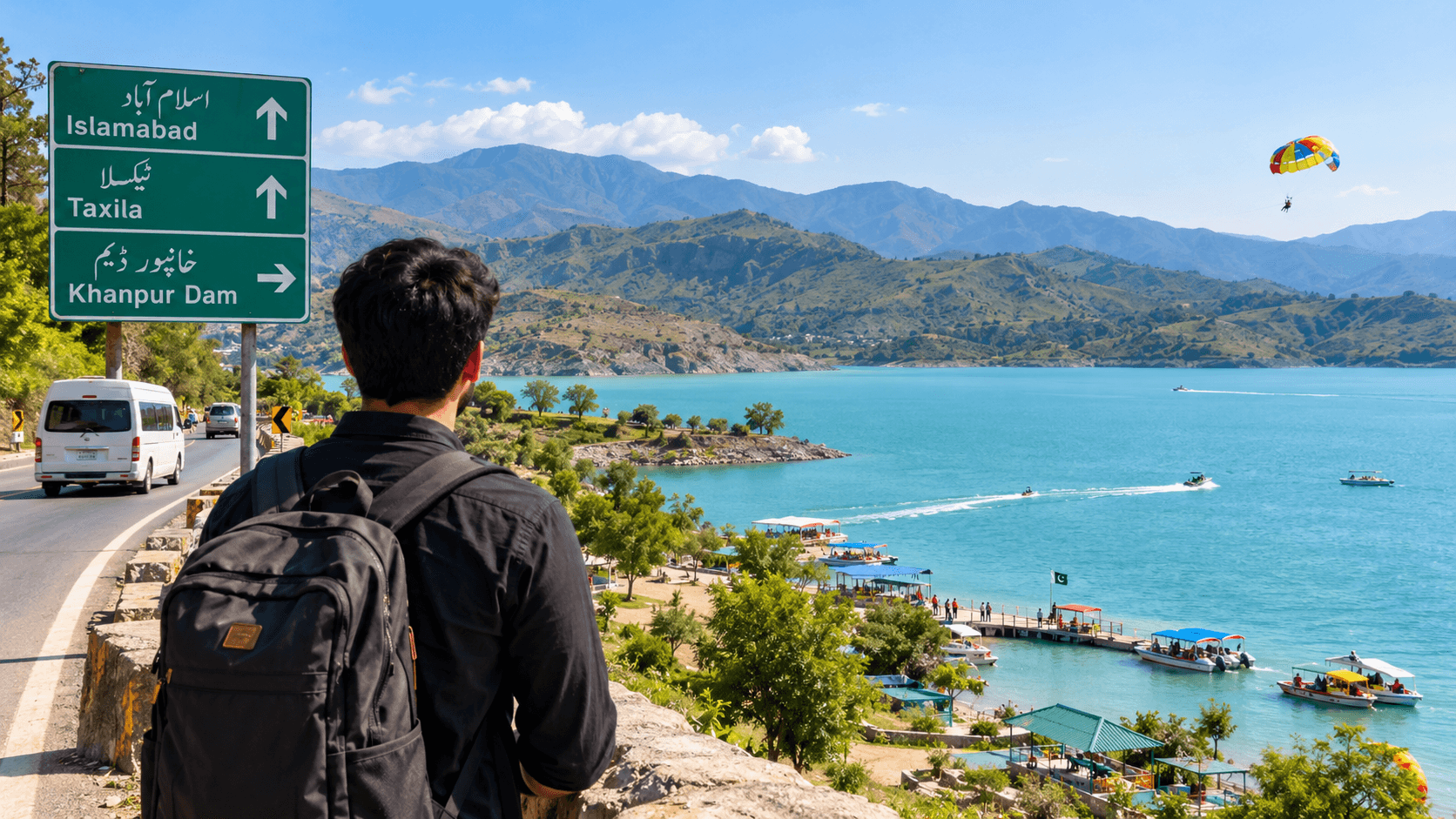 Islamabad to Khanpur Dam without a car – scenic view of Khanpur Dam and the surrounding hills in Pakistan.