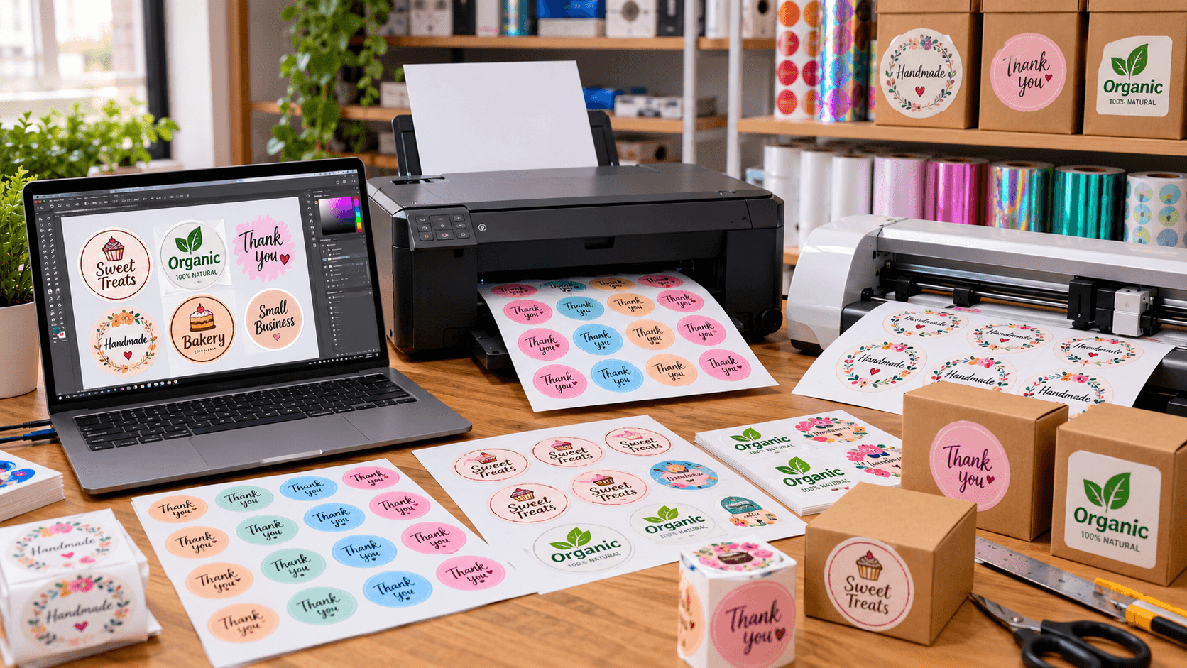 Sticker Printing Business in Pakistan with a desktop printer, vinyl sticker sheets, cutting machine, and custom printed labels.