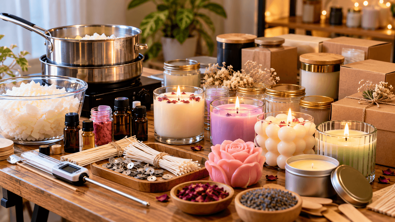 Home-Based Candle Business in Pakistan with handmade scented candles, wax, wicks, and candle-making supplies on a wooden table.