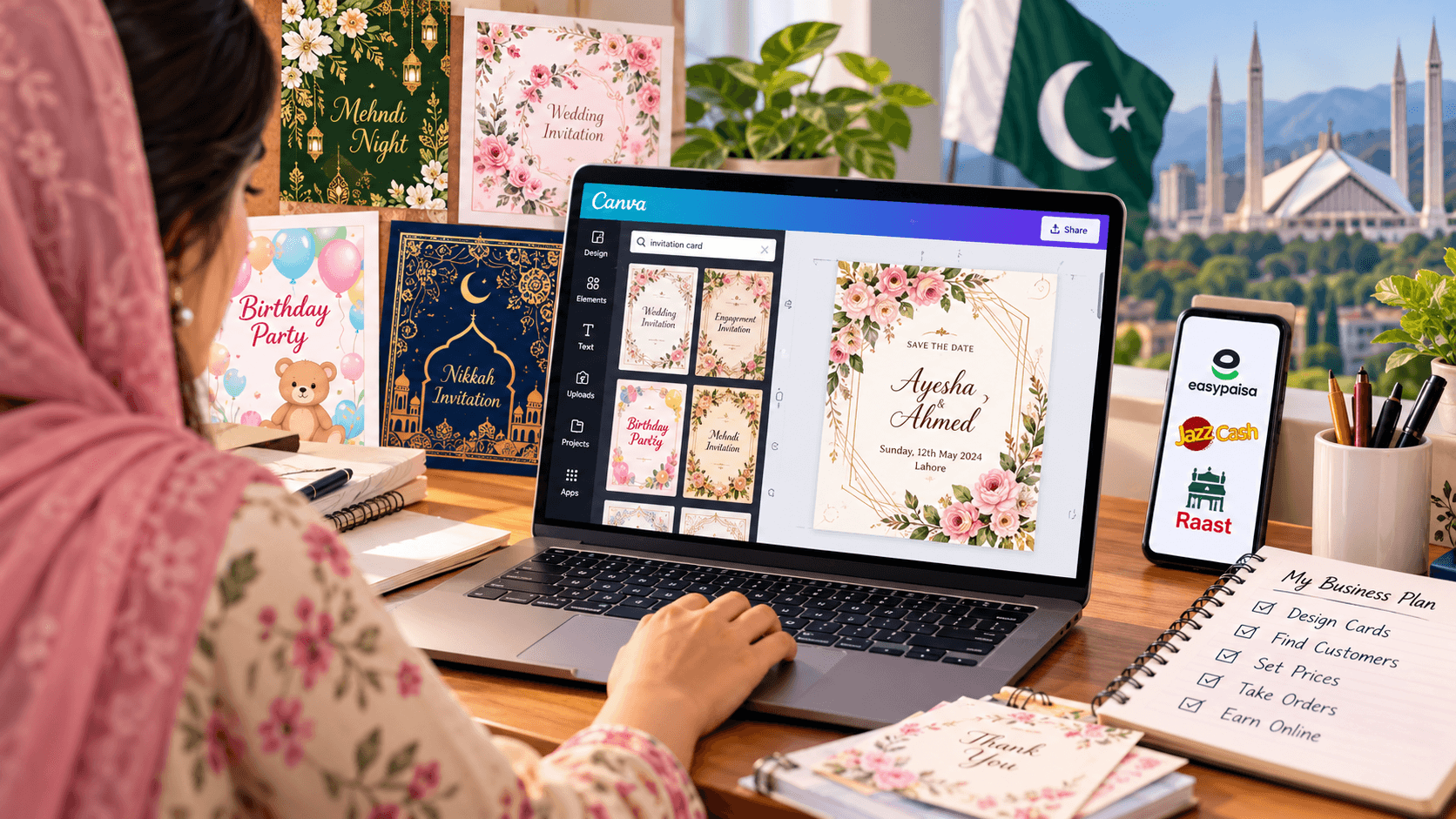 Digital Invitation Card Business in Pakistan using Canva to create beautiful wedding and birthday invitation designs