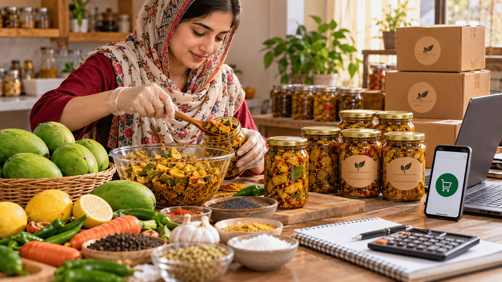 Home-based pickle business in Pakistan with homemade achar jars and packaging