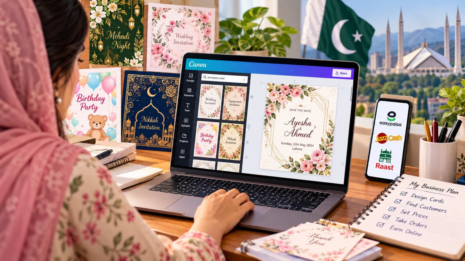 Digital Invitation Card Business in Pakistan using Canva to create beautiful wedding and birthday invitation designs