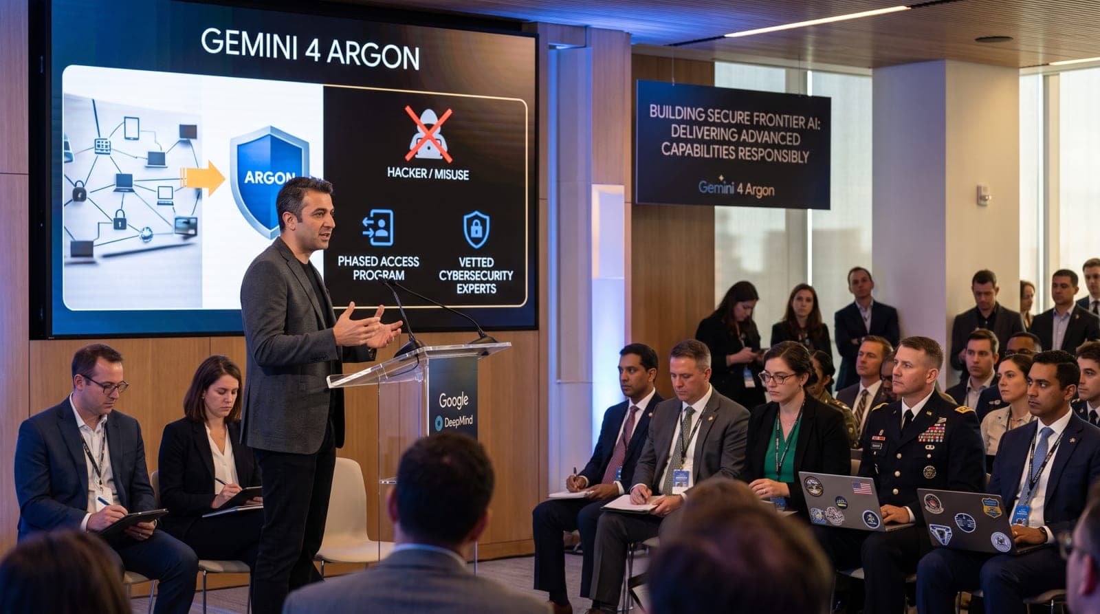 Google DeepMind headquarters displaying promotional materials for the restricted Gemini 4 Argon artificial intelligence model