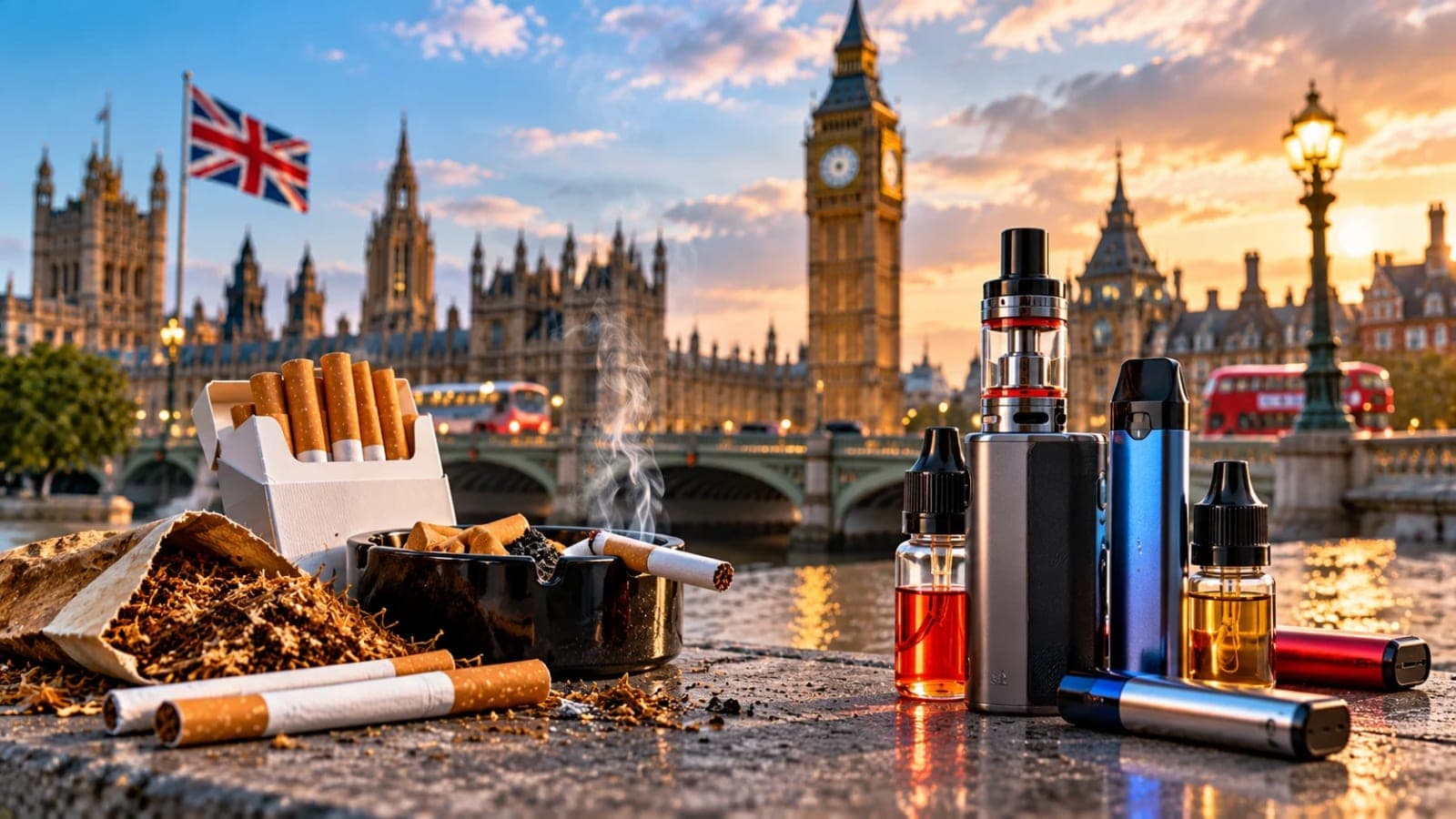 UK vaping vs smoking 2026 showing electronic cigarettes and tobacco products with British city background