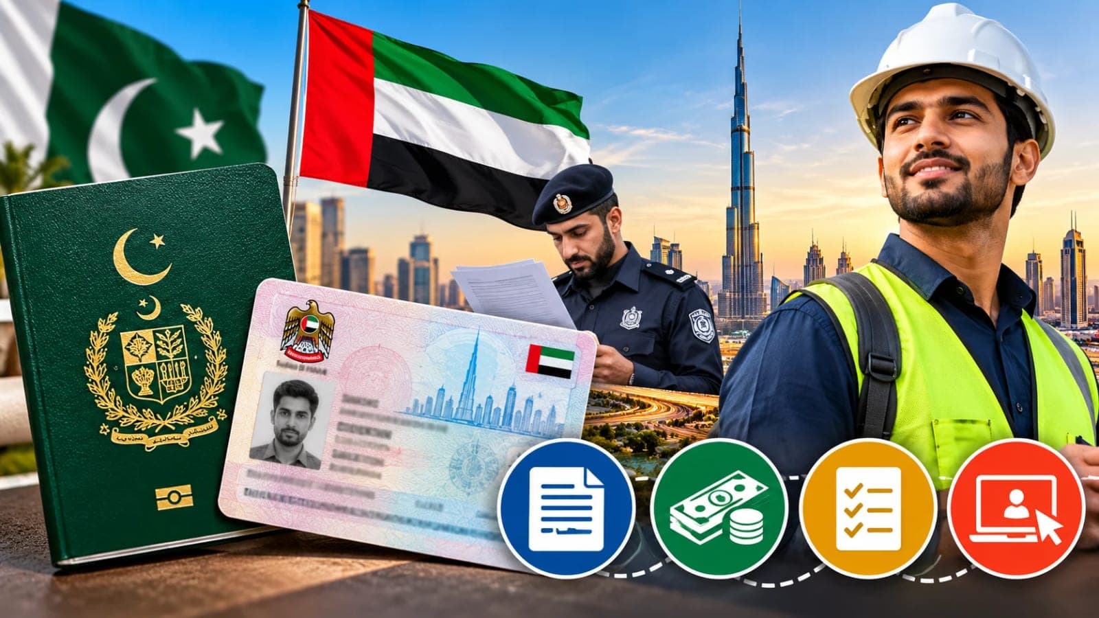 UAE work visa for Pakistanis 2026 showing a Pakistani professional preparing passport and employment documents for Dubai