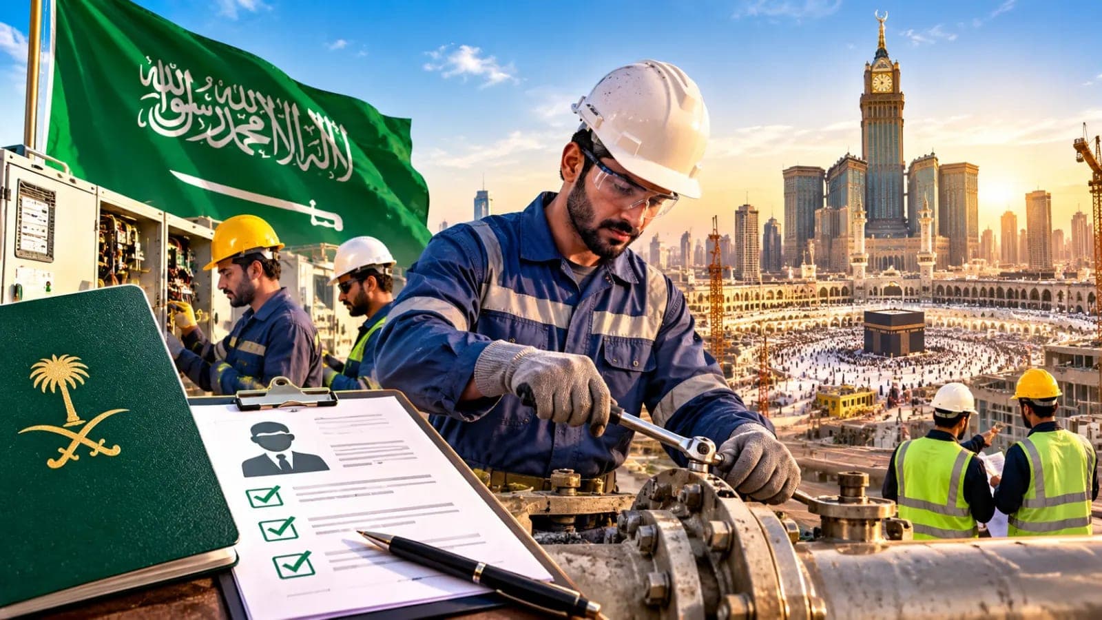 Saudi Arabia OEC Jobs October 2026 showing Pakistani HVAC and mechanical technicians working at an industrial maintenance facility