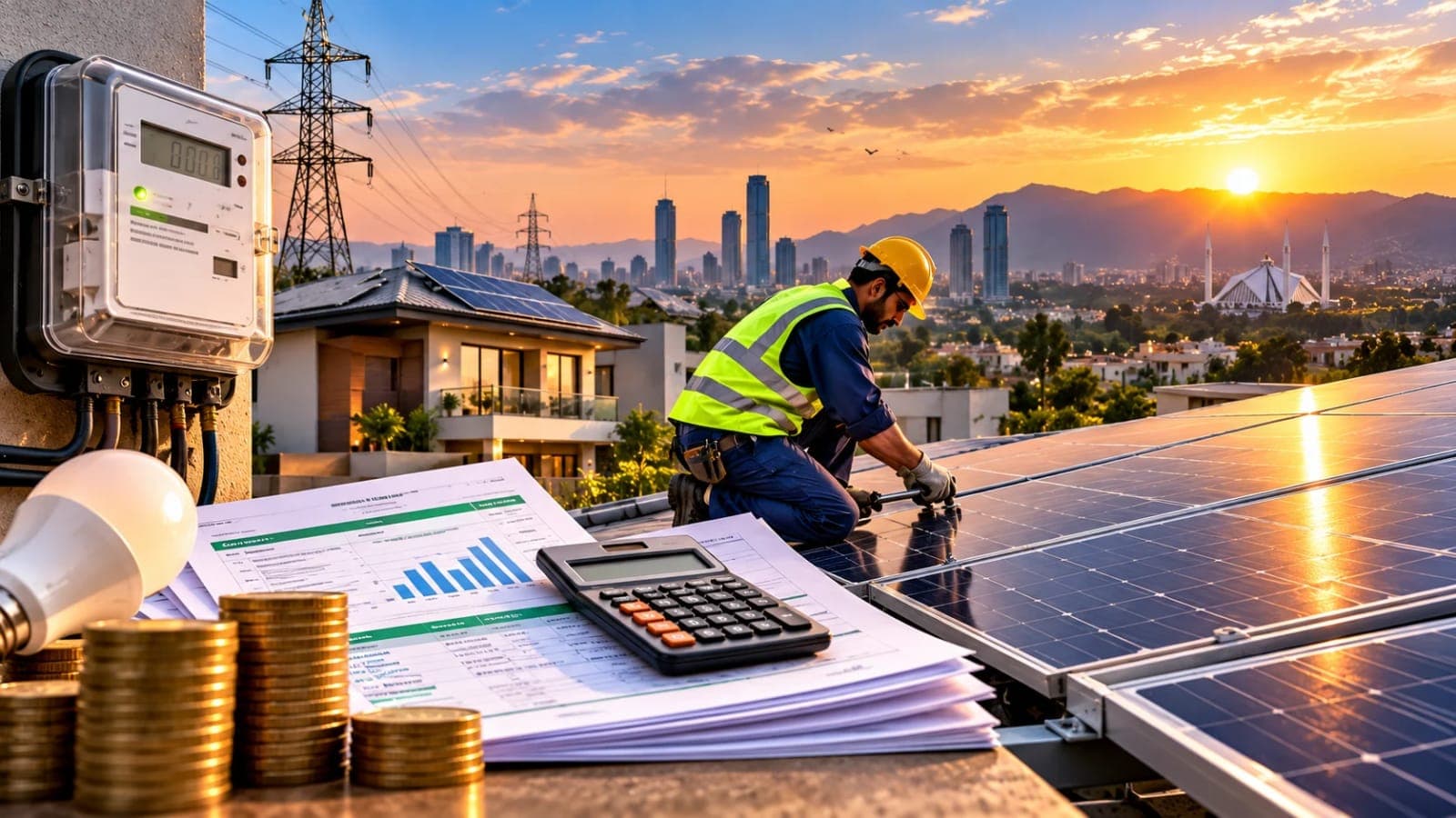 Pakistan solar net billing rules 2026 showing rooftop solar panels and a bidirectional electricity meter at a Pakistani home