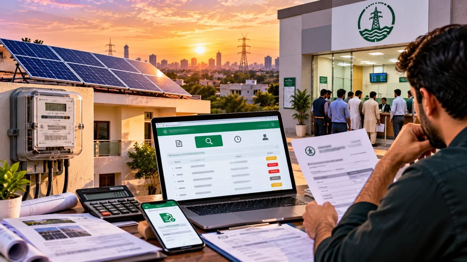 Pakistan solar net metering applications 2026 showing a technician inspecting rooftop solar panels and an electricity meter
