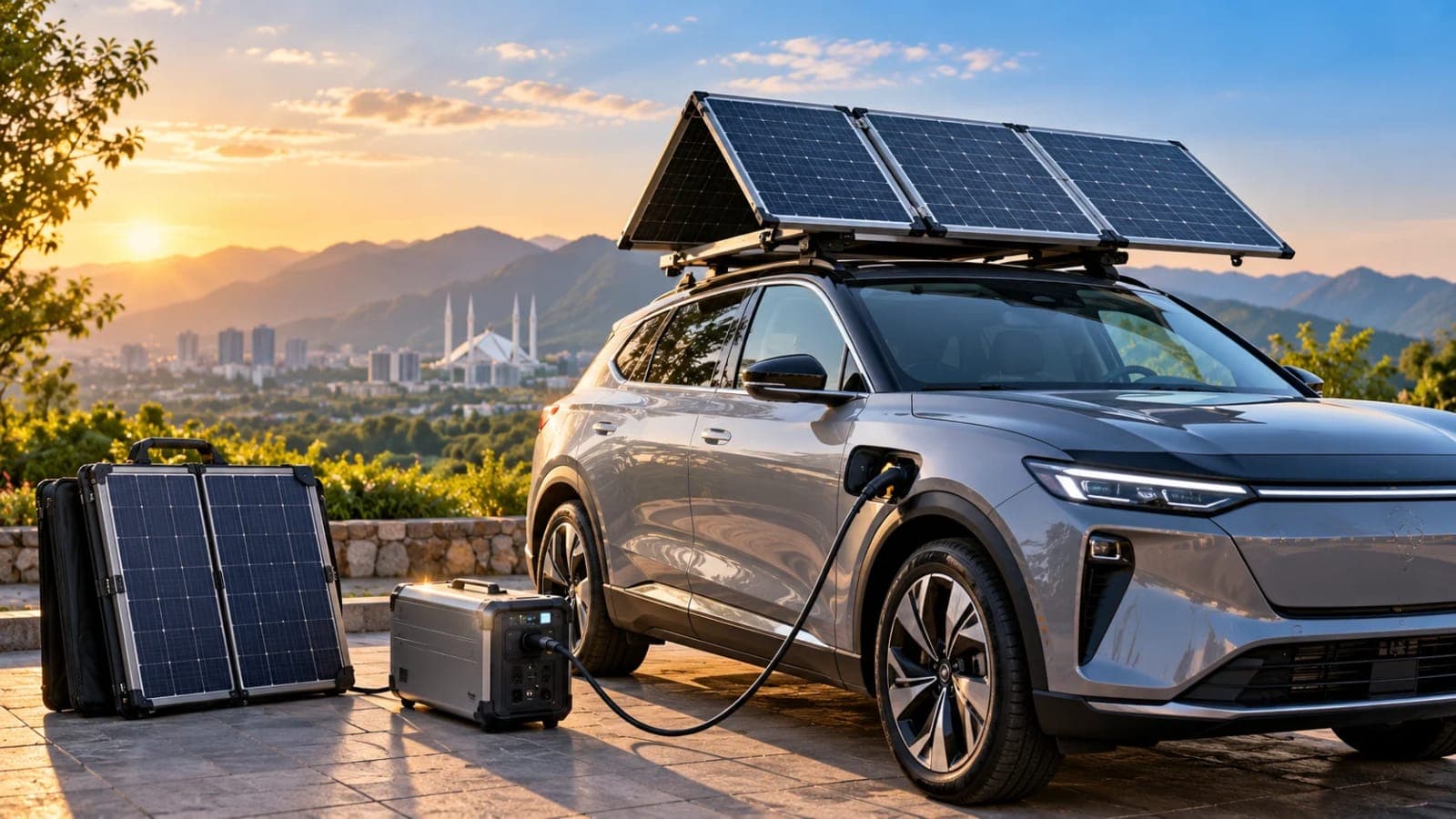 GoSun EV Solar Charger with foldable rooftop solar panels charging an electric vehicle