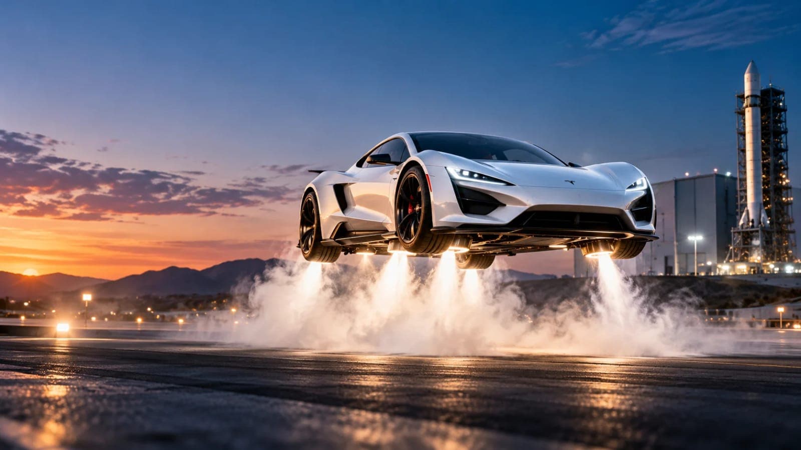 Tesla flying Roadster prototype using SpaceX thrusters during its 2026 unveiling in Texas