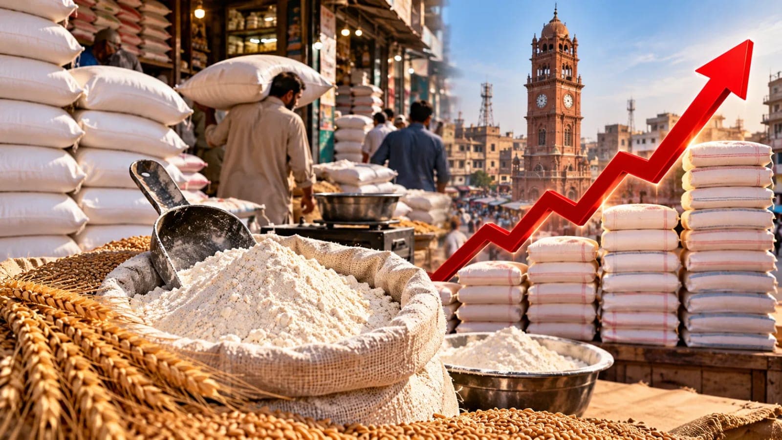 Flour prices in Pakistan October 2026 with wheat flour bags at a local market