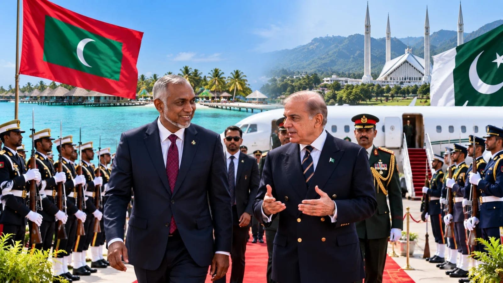 Pakistan and Maldives flags at a diplomatic meeting venue ahead of the Maldivian president's state visit