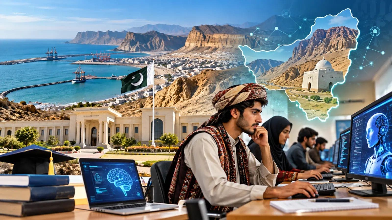 Young people in a Balochistan technology training setting learning computer and AI skills