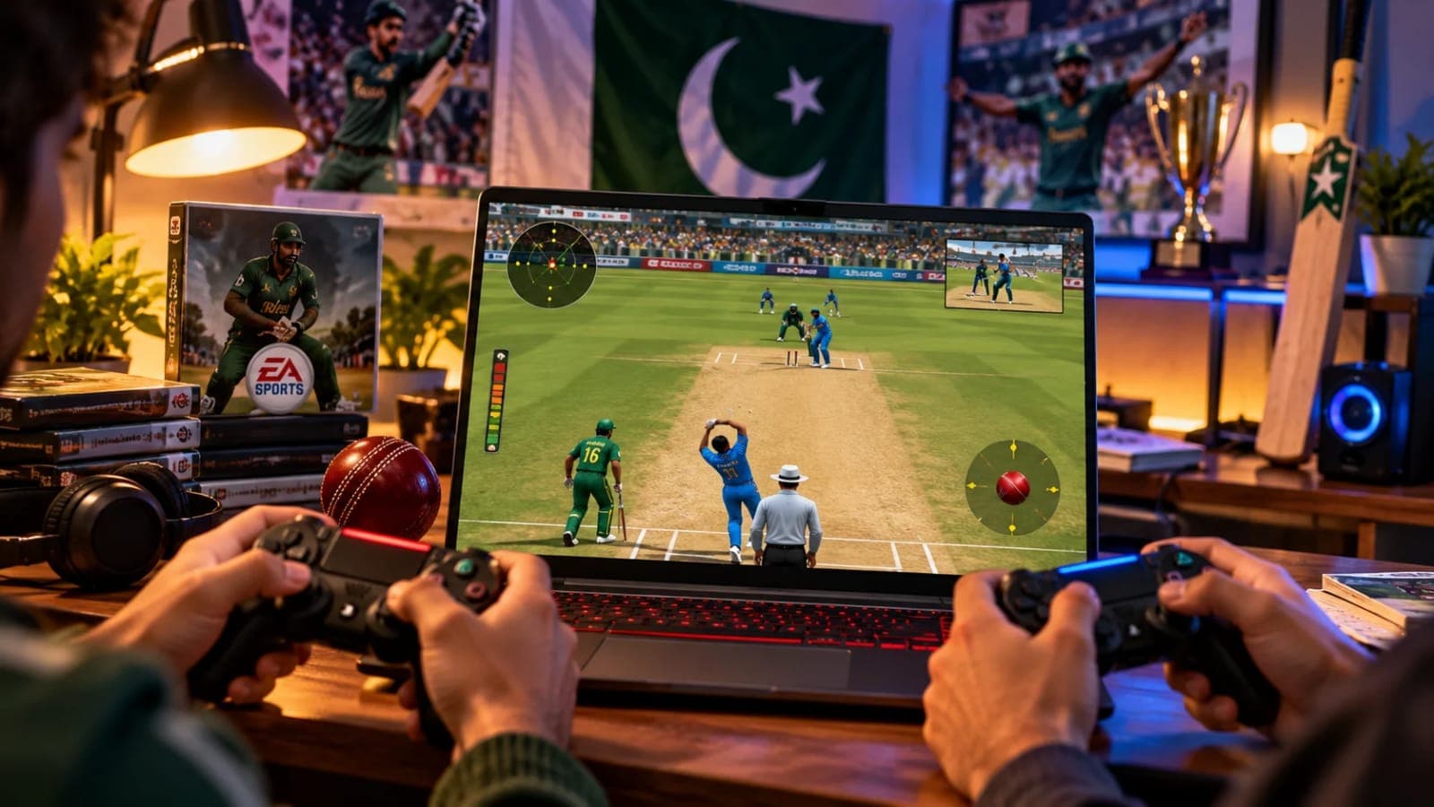 EA Cricket 07 browser game 2026 showing classic cricket gameplay on a desktop monitor with online multiplayer