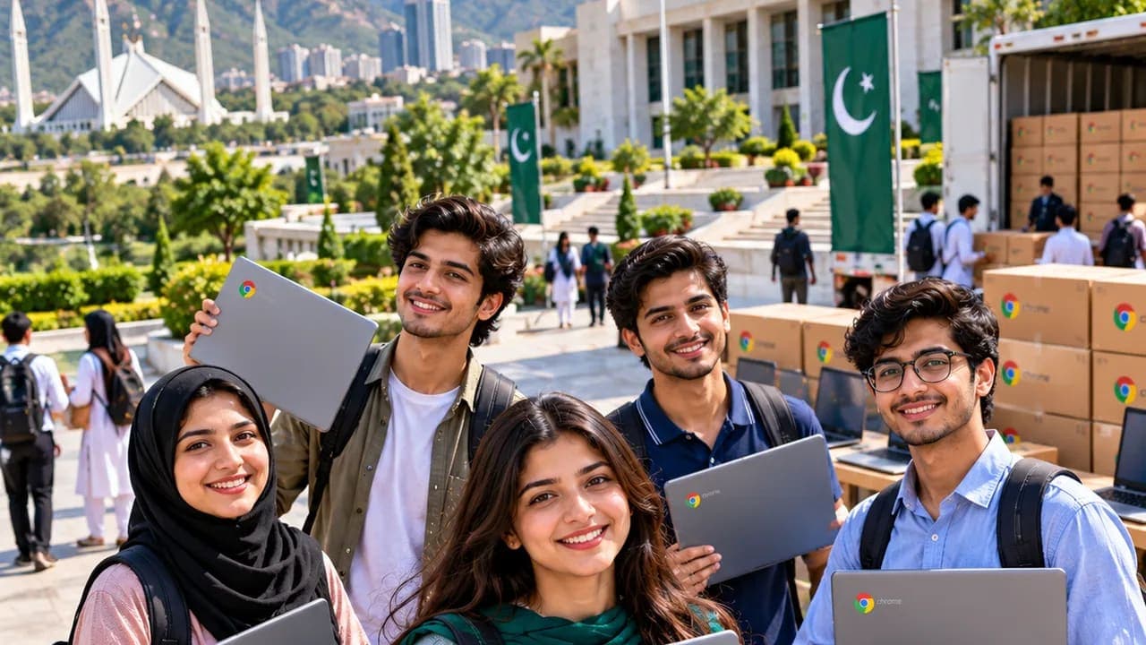 PM Youth Chromebook Scheme 2026 registration showing Pakistani government school student using Chromebook with official IBCC application portal