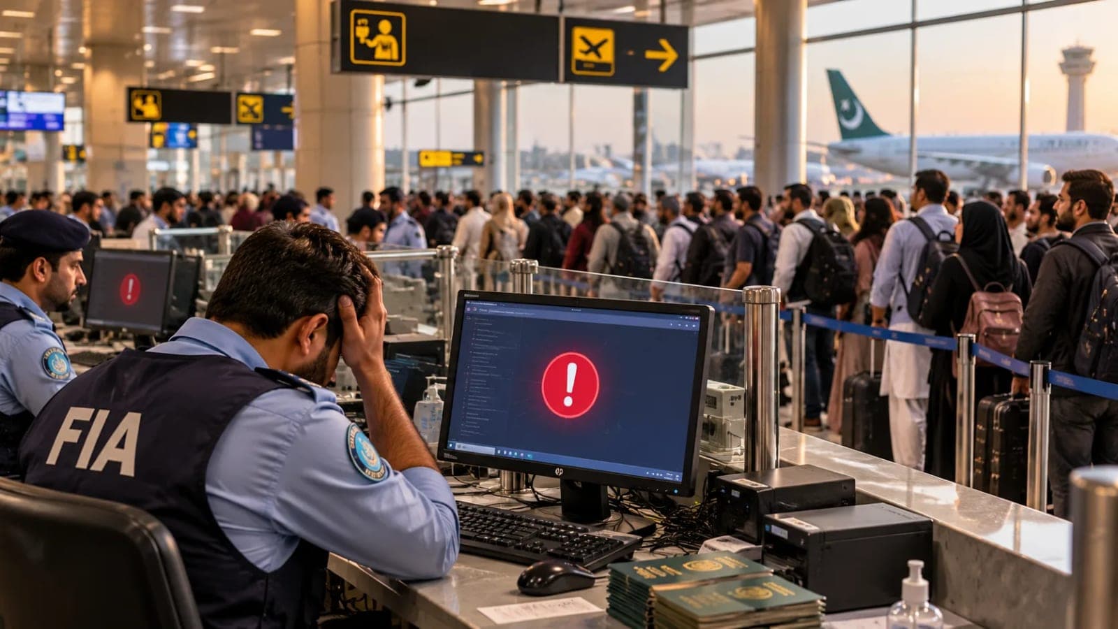 FIA immigration system crash queues at a Pakistan airport immigration counter